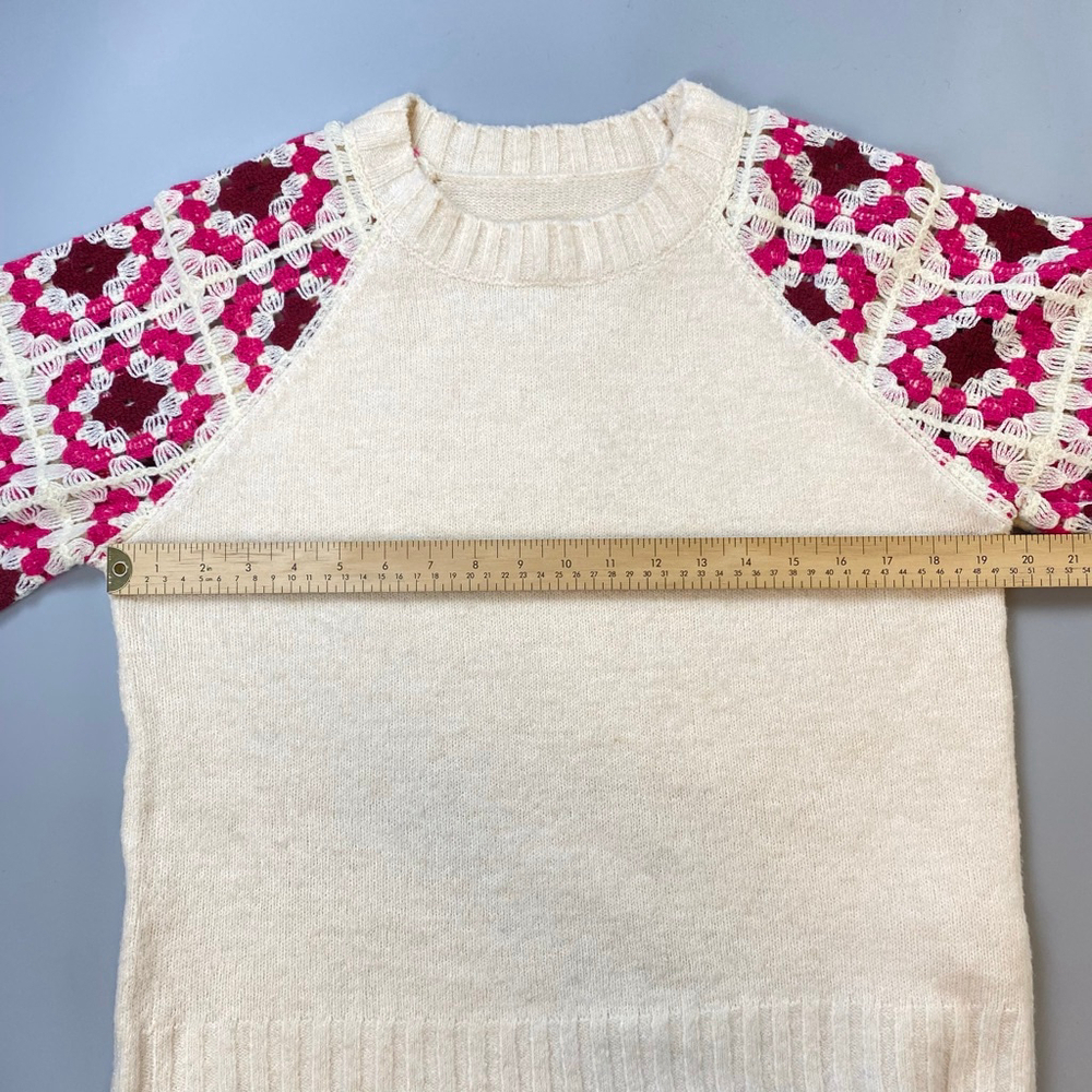 Crochet Sweater Womens Small Cream Pink Granny Square Grandmacore Boho Cottage - Picture 5 of 13